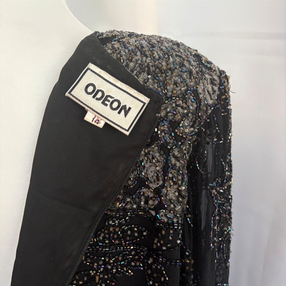 VTG Silk & Velvet Odeon Black Beaded Sequined Top Blouse NYE Holiday Party Sz 14 - Picture 5 of 9
